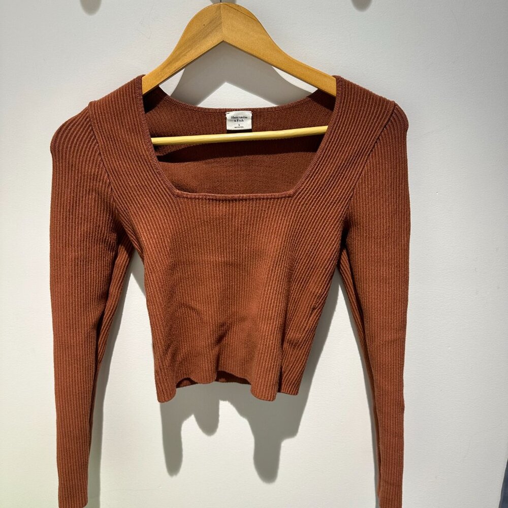 Abercrombie & Fitch Long-Sleeve Ottoman Squareneck Top Brown Small